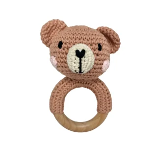 Hochet bois et crochet - Ourson rose